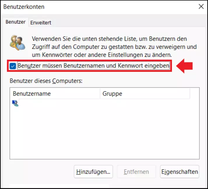  Entfernen Sie das Häkchen vor dem Befehl zur Passwortabfrage, um die automatische Anmeldung zu aktivieren.